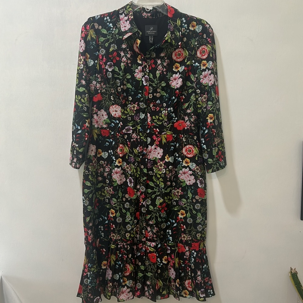 ADRIANNA PALLEL DRESS WOMEN SIZE 9 BLACK FLORAL PEPLUM HEM - Picture 1 of 14